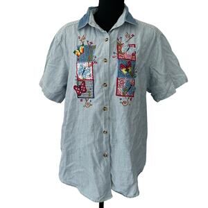 Vintage Casey & Max Embroidered Butterfly Shirt Patchwork Cottagecore fairy L